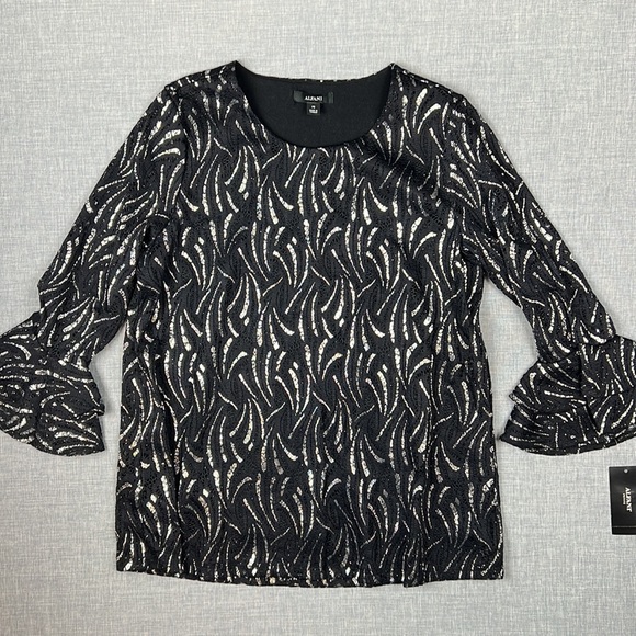 Alfani Black & Silver Foil Ruffle Sleeve Top Petite Size XS and Small - Picture 2 of 6